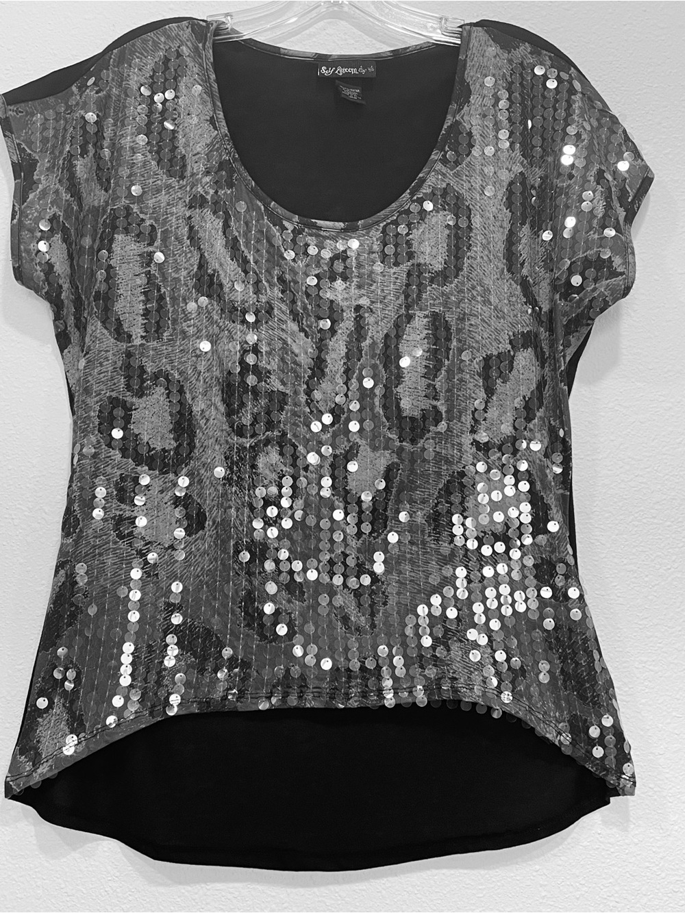 Self Esteem Black Sequin Animal Print Short Sleeve Top